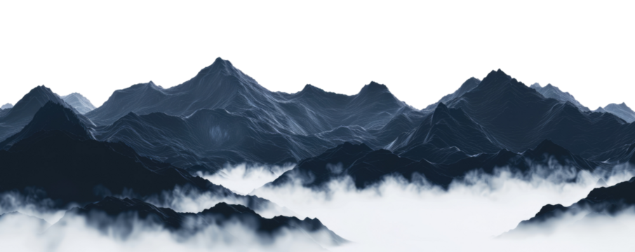 dark mountains with foggy valley isolated on white or transparent png