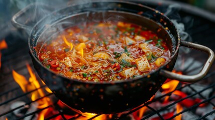 A pot of tom yum soup simmering over a charcoal grill, with flames licking the sides and infusing the broth with smoky flavors, creating an irresistible aroma