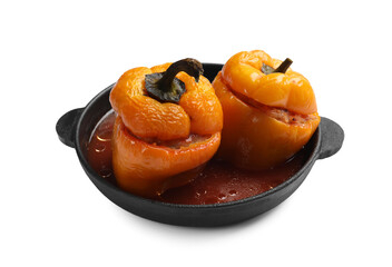 Tasty stuffed peppers in pan isolated on white