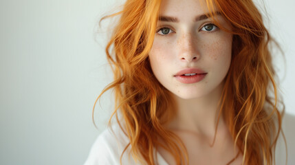 Fototapeta premium Close-up of a woman with red hair, freckles, on a light background, expressing a natural beauty concept. Generative AI