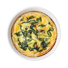 Delicious pie with spinach isolated on white, top view