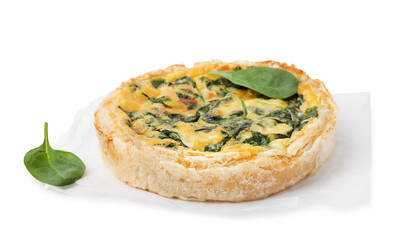 Delicious pie with spinach isolated on white