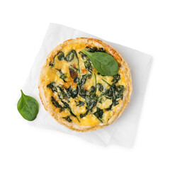 Delicious pie with spinach isolated on white, top view
