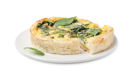 Delicious pie with spinach isolated on white