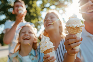 Happy family enjoying ice cream cones on a sunny day