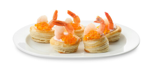Delicious puff pastry with shrimps, cream cheese and red caviar isolated on white