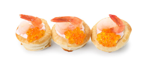 Delicious puff pastry with shrimps, cream cheese and red caviar isolated on white