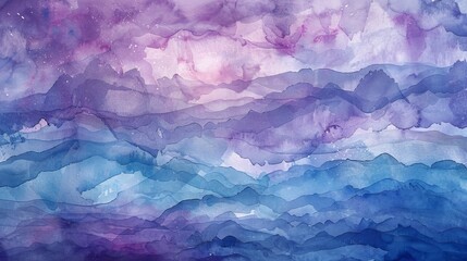 Fototapeta premium Abstract watercolor painting of a mountain range in shades of purple and blue.