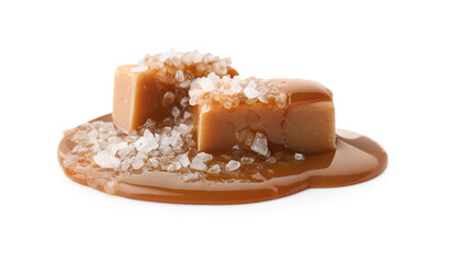 Yummy candies with caramel sauce and sea salt isolated on white