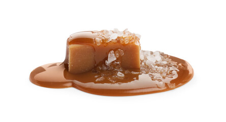 Yummy candy with caramel sauce and sea salt isolated on white