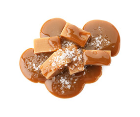 Yummy candies with caramel sauce and sea salt isolated on white, top view