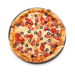 Tasty pizza with cheese, dry smoked sausages, olives and chili pepper isolated on white, top view