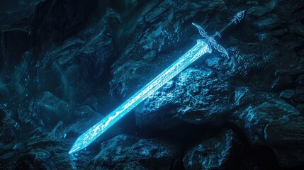 glowing fantasy sword on dark rock