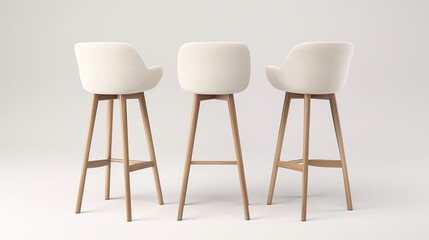 Three modern white bar stools with wooden legs arranged in a row against a plain background, showcasing minimalist interior design furniture.