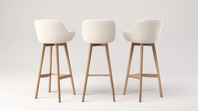 Three modern white bar stools with wooden legs arranged in a row against a plain background, showcasing minimalist interior design furniture.