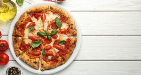 Delicious Margherita pizza and ingredients on white wooden table, top view. Space for text