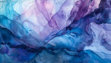 Abstract art with blue, purple and white colors, flowing like clouds.  Alcohol ink background.