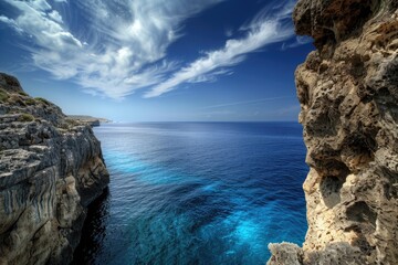 A panoramic view of the ocean from a cliff overlooking the waves, suitable for use in travel or...