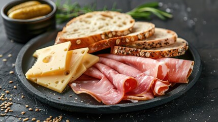 Close up of sliced bread cheese and ham on a dark plate against a black and grey backdrop
