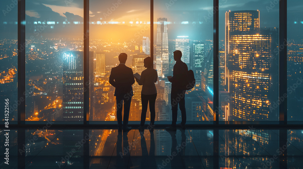 Poster silhouettes of three businesspeople in front of a cityscape at dusk, representing a business concept