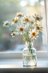 Tranquil Morning Light with Fresh Daisy Arrangement on Window Sill
