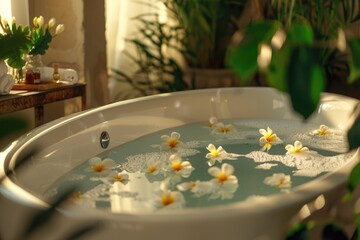 Fototapeta premium A bath tub filled with water and decorated with white flowers