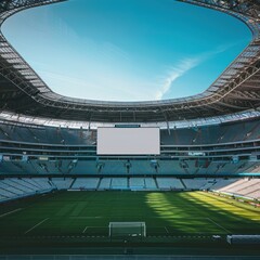 Focus shot of blank white screen inside stadium with clear sky for advertising purposes, board mockup, big blank vertical billboard in front of it