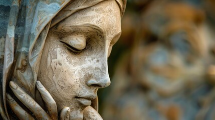 Fototapeta premium A beautiful closeup of a statue of Mary, mother of Jesus. The statue is made of white marble and has a serene expression on her face.