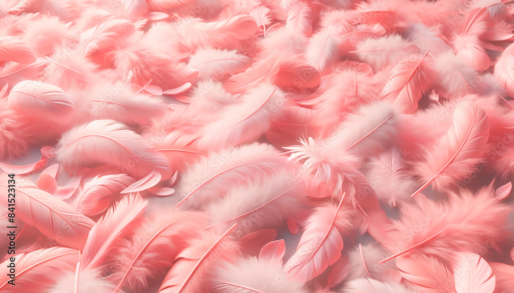 Poster a sea of soft pink feathers spread across the image, photographed with a soft-focus, on a light back