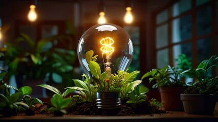 A light bulb made of glass with a glowing filament. Inside the bulb is a small tree growing with green leaves. The light bulb is sitting on a table with other plants in the background. - Powered by Adobe
