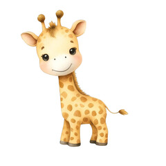 Cute cartoon baby giraffe with big eyes and spots, isolated on white background. Perfect for children's designs and illustrations.