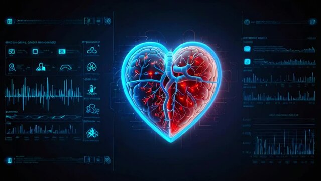 A glowing blue and red heart on a black background video