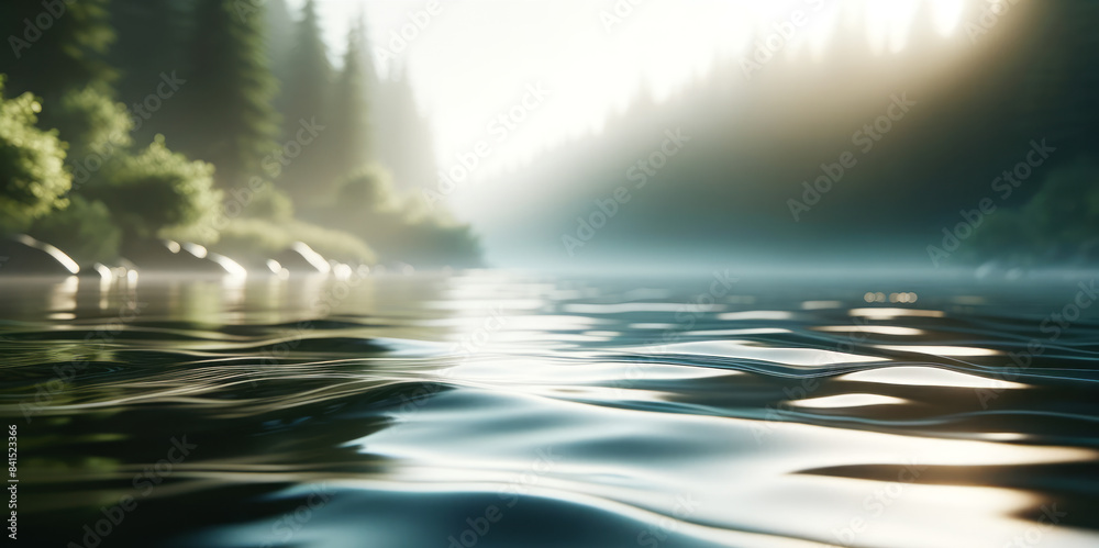 Poster a serene lake with ripples, forest in the misty background, and sunlight piercing through, depicting