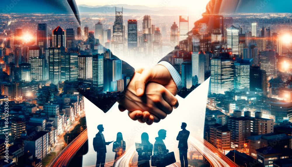 Poster a double exposure image of a handshake and businesspeople over a cityscape background, signifying bu