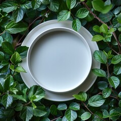 White circle mockup surrounded by green leaves in flat and top view. to display text or graphics on a white plate minimalist design for advertising, design, mockup needs.