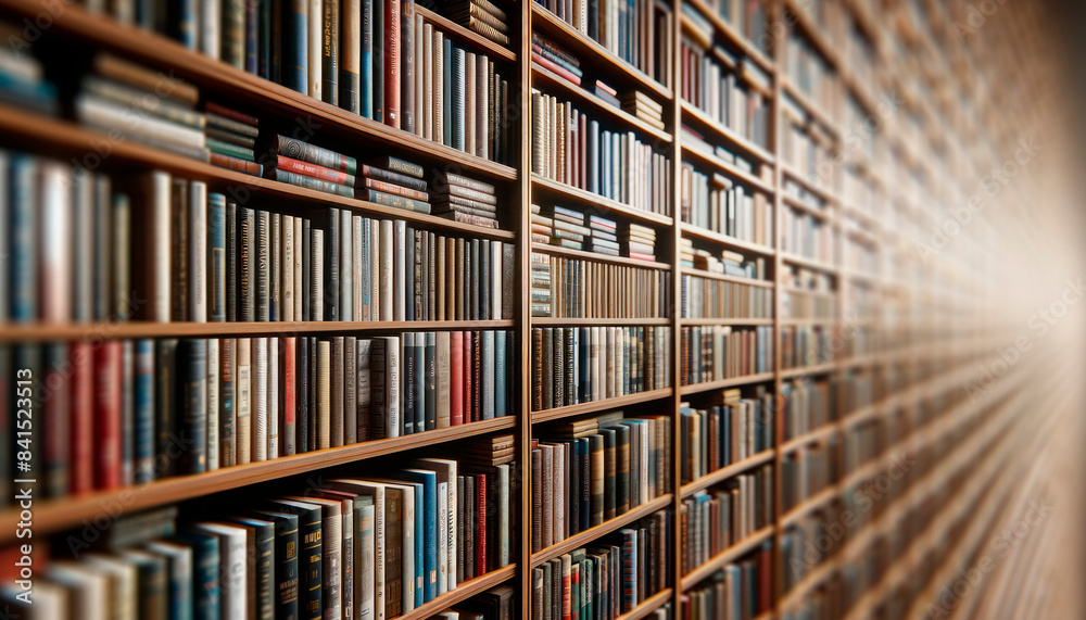Poster a vast library wall filled with books, with a focused perspective effect, against a warm light backg