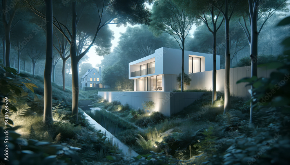 Aufkleber Modern house in a forest setting at twilight, surrounded by trees, photo-realistic style, with a tranquil background, concept of architecture in harmony with nature. Generative AI