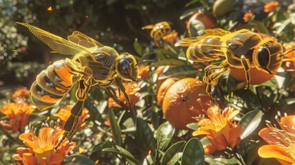 In a citrus grove a swarm of mechanical bees pollinate flowers while simultaneously scanning fruit for any signs of bruising or defects.