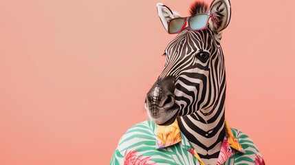 Naklejka premium A zebra wearing sunglasses and a hawaiian shirt is standing against a pink background. The zebra is looking to the right of the frame.