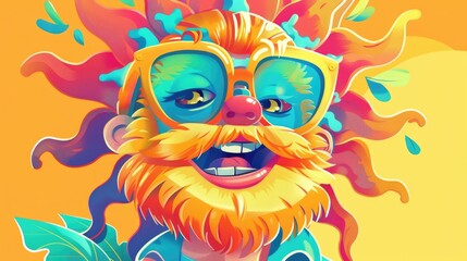 A playful and vibrant mascot character in the form of a sun themed barber cartoon depicted in 2d art style