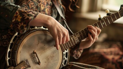United States woman skillfully plays the banjo close-up. American folk music