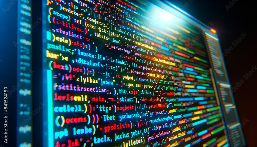 Poster close-up of colorful computer code on a monitor, with a blurred background, depicting the concept of