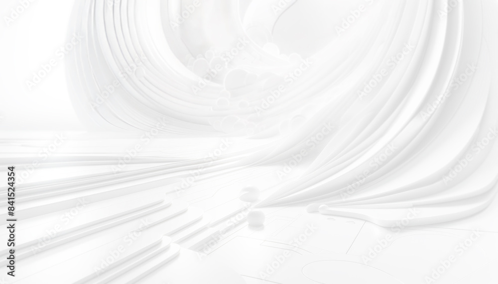 Poster an abstract white curved structure with spheres on a clean background, showcasing a concept of purit