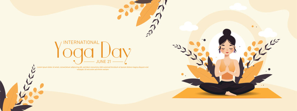 International yoga day banner or poster template design.Woman doing yoga pose.