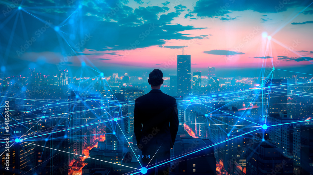 Poster a man overlooking a cityscape with digital connections overlay, at sunset, concept of network and da