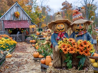 Vibrant Autumn Harvest Festival Scene with Scarecrows  Pumpkins  and Seasonal