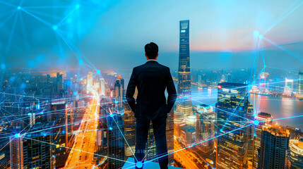 A businessman overlooking a cityscape overlaid with digital network graphics, concept of business technology. Generative AI
