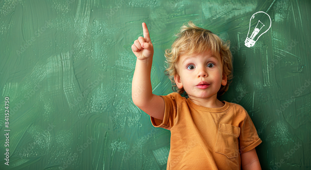 Poster toddler with a lightbulb drawn above head on green chalkboard background, concept of idea and creati