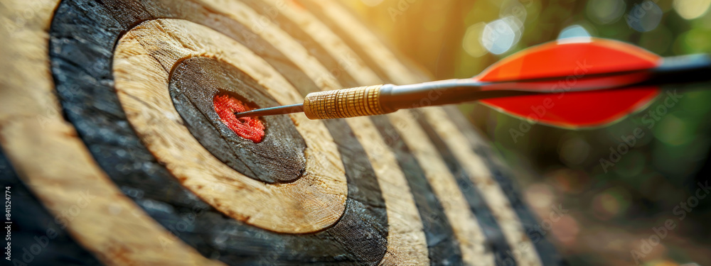 Poster close-up of an arrow hitting bullseye on a dartboard, blurred greenery background, concept of accura
