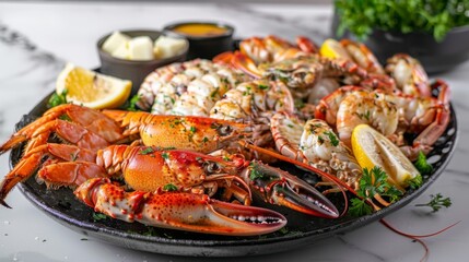 A seafood platter featuring a variety of grilled river prawns, lobster tails, and crab legs, served with drawn butter and lemon wedges